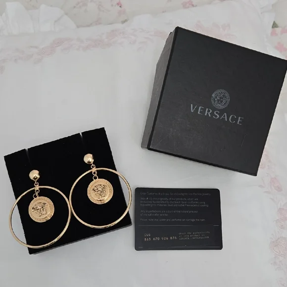 VERSACE Gold Hoop Earrings with Medallion - Picture 2 of 5